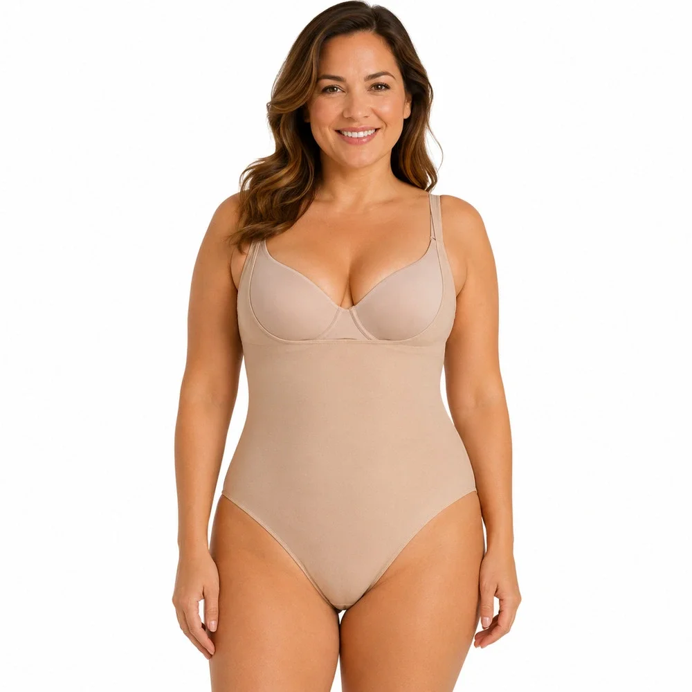 Assets by Spanx Shaping Open-Bust Bodysuit Beige Style 10247R Shaper Shapewear L